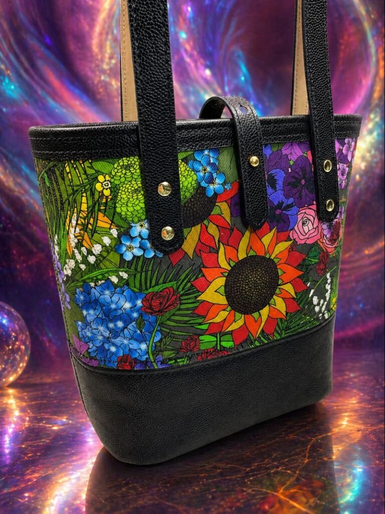 Floral Art Denim and Leather Tote Bag