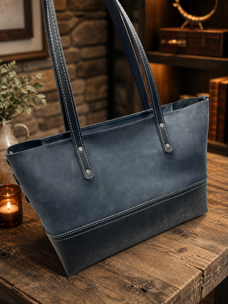 *** SOLD *** Classic Navy Blue & Black Leather Tote Bag